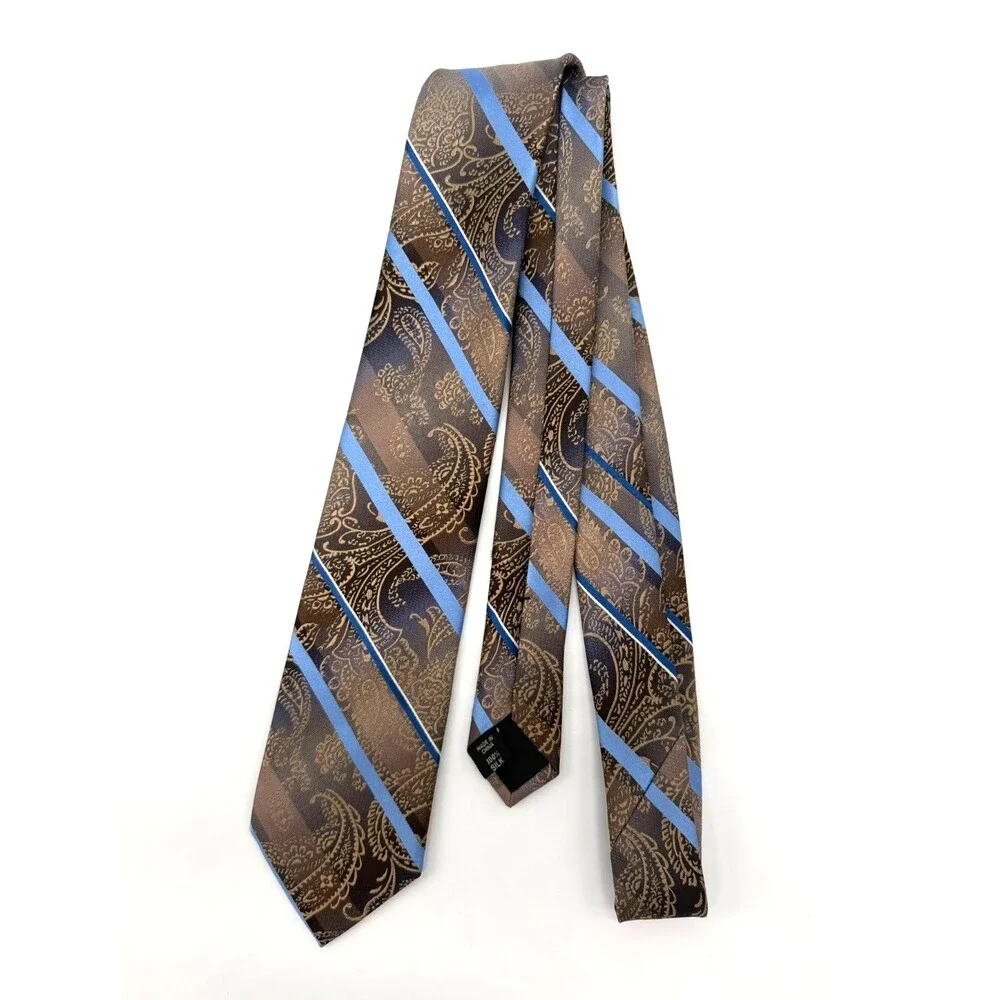 Van Heusen Mens Silk Tie Gold Blue Paisley Striped Classic Necktie